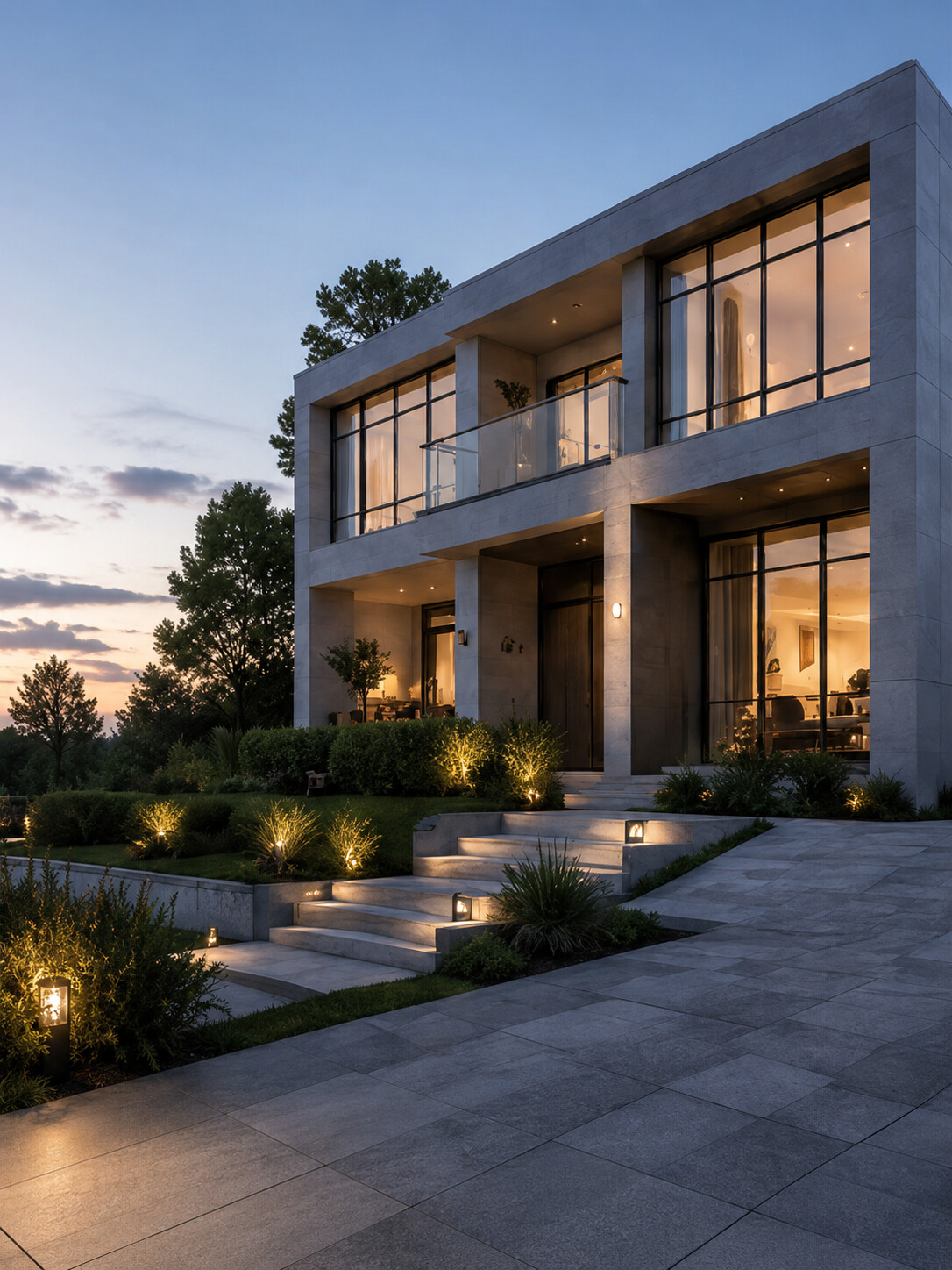 Modern luxury home exterior at dusk